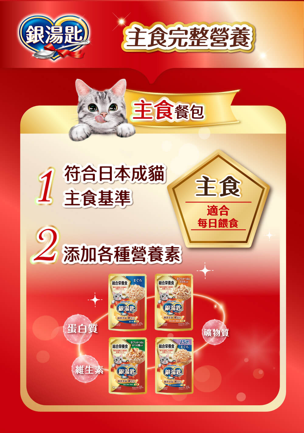 主食完整營養主食餐包,1符合日本成貓主食基準.2添加各種營養素(蛋白質、維生素、礦物質)