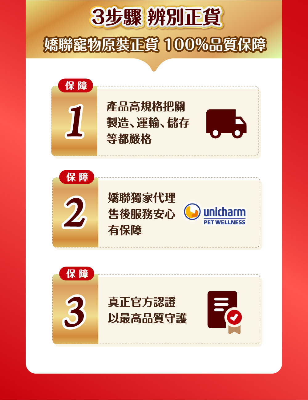 3步驟 辨別正貨 嬌聯寵物原裝正貨 100%品質保障. 保障1 產品高規格把關製造、運輸、儲存等都嚴格. 保障2 售後服務安心嬌聯獨家代理有保障. 保障3 真正官方認證以最高品質守護.